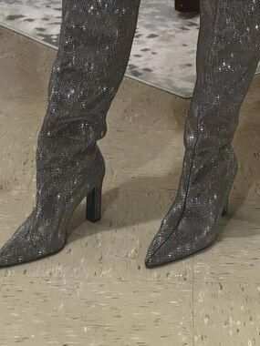 Zara Silver Glitter Pointed Toe Over-the-Knee Boots